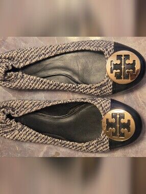 Tory Burch Black and Cream Tweed Ballet Flats with Gold Logo
